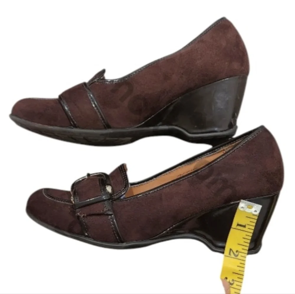 ❤️2/$18 Jaclyn Smith Brown Suede Wedge Heeled Loafer Leather Shoes 7